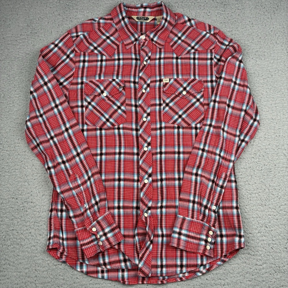Salt Valley Western Pearl Snap Plaid Shirt Men's Medium Red Blue Long Sleeve